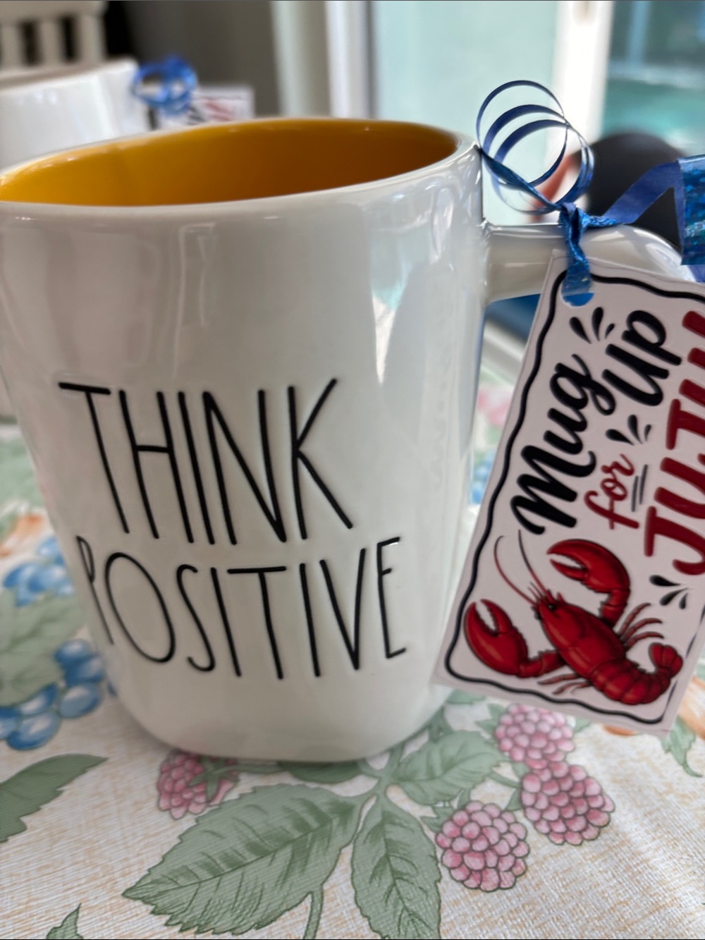 Rae Dunn White Mug with Yellow Interior "Think Positive"